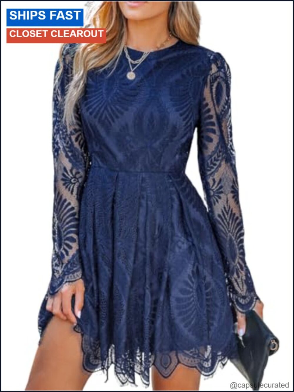 Sheer Insert Scallop Trim Lace Long Sleeve A-Line Mini Dress